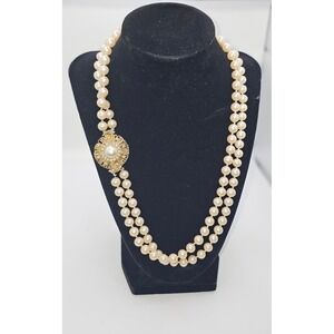 Vtg Signed Denbe Double Strand Faux Pearl Necklace Rhinestone Brooch Clasp 22"